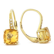 1.64ct Cushion Cut Citrine & Round Cut Diamond Leverback Drop Earrings in 14k Yellow Gold