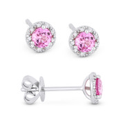 0.53ct Round Brilliant Cut Lab-Created Pink Sapphire & Diamond 3-Prong 5.5mm Halo Stud Earrings in 14k White Gold