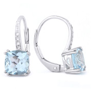 2.50ct Cushion Cut Blue Topaz & Round Cut Diamond Leverback Drop Earrings in 14k White Gold