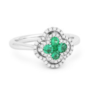 0.54ct Emerald Cluster & Diamond Double-Halo Right-Hand Flower Ring in 18k White Gold