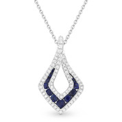 0.54ct Round Brilliant Sapphire & Diamond Pave Tear-Drop Pendant & Chain Necklace in 14k White Gold