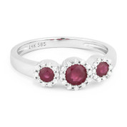 0.54ct Round Cut Ruby & Diamond Pave Three-Stone Halo Ring in 14k White Gold