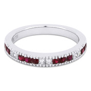 0.55ct Round Cut Ruby & Princess Cut Diamond Milgrain Wedding Band / Anniversary Ring in 18k White Gold