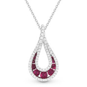 0.58ct Round Brilliant Ruby & Diamond Pave Tear-Drop Pendant & Chain Necklace in 14k White Gold