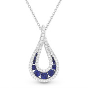 0.58ct Round Brilliant Sapphire & Diamond Pave Tear-Drop Pendant & Chain Necklace in 14k White Gold