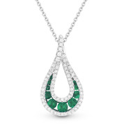 0.59ct Round Brilliant Emerald & Diamond Pave Tear-Drop Pendant & Chain Necklace in 14k White Gold