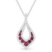 0.60ct Round Brilliant Ruby & Diamond Pave Tear-Drop Pendant & Chain Necklace in 14k White Gold