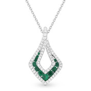 0.63ct Round Brilliant Emerald & Diamond Pave Tear-Drop Pendant & Chain Necklace in 14k White Gold