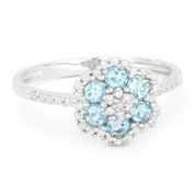0.63ct Round Cut Blue Topaz & Diamond Pave Right-Hand Flower Ring in 14k White Gold