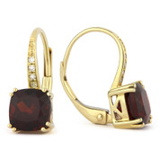 2.43ct Cushion Cut Garnet & Round Cut Diamond Leverback Drop Earrings in 14k Yellow Gold