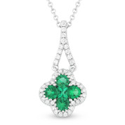 0.63ct Round & Princess Cut Emerald & Diamond Pave Flower Charm Pendant & Chain Necklace in 14k White Gold