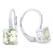 1.85ct Cushion Cut Green Amethyst & Round Cut Diamond Leverback Drop Earrings in 14k White Gold