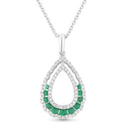 0.65ct Round Brilliant Emerald & Diamond Pave Tear-Drop Pendant & Chain Necklace in 14k White Gold
