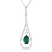 0.64ct Emerald & Diamond Pave Drop Pendant in 18k White Gold w/ 14k Chain Necklace
