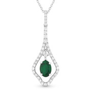0.65ct Emerald & Diamond Pave Drop Pendant in 18k White Gold w/ 14k Chain Necklace