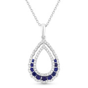 0.67ct Round Brilliant Sapphire & Diamond Pave Tear-Drop Pendant & Chain Necklace in 14k White Gold