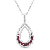 0.72ct Round Brilliant Ruby & Diamond Pave Tear-Drop Pendant & Chain Necklace in 14k White Gold
