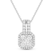 0.74ct Round Brilliant Cut Diamond Cluster & Halo Pendant in 18k White Gold w/ 14k Chain Necklace