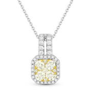 0.76ct Yellow & White Diamond Cluster & Halo Pendant in 18k White & Yellow Gold w/ 14k Chain Necklace
