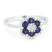 0.76ct Round Cut Lab-Created Blue Sapphire & Diamond Pave Right-Hand Flower Ring in 14k White Gold