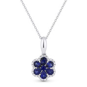 0.79ct Sapphire & Diamond Pave Flower Pendant in 18k White Gold w/ 14k Chain Necklace