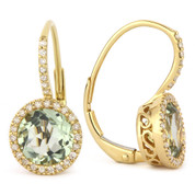 2.91ct Round Brilliant Cut Green Amethyst & Diamond Leverback Drop Earrings in 14k Yellow Gold