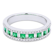 0.84ct Princess Cut Emerald w/ Baguette & Round Diamond Pave Anniversary Ring / Wedding Band in 18k White Gold