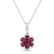 0.85ct Ruby & Diamond Pave Flower Pendant in 18k White Gold w/ 14k Chain Necklace