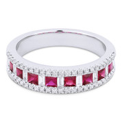1.01ct Princess Cut Ruby w/ Baguette & Round Diamond Pave Anniversary Ring / Wedding Band in 18k White Gold