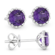 1.05ct Round Brilliant Cut Purple Amethyst & Diamond Halo Stud Earrings in 14k White Gold