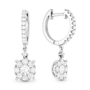 1.09ct Round Cut Diamond Cluster & Pave Dangling Circle Piece Earrings in 14k White Gold