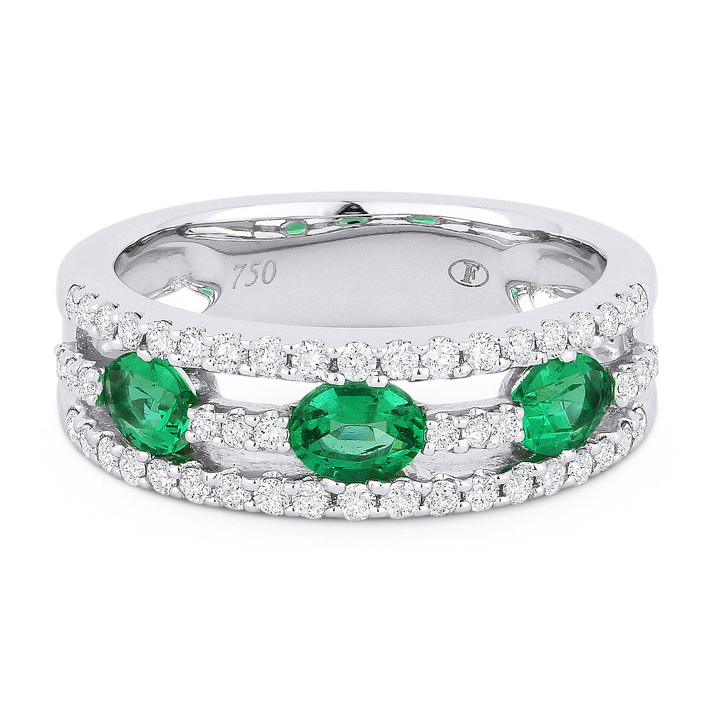 1.10ct Oval Cut Emerald & Round Diamond Anniversary Ring / Wedding Band