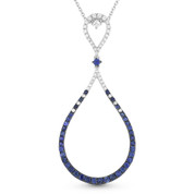 1.10ct Round Cut Sapphire & Diamond Pave Open Tear-Drop Pendant & Chain Necklace in 14k White & Black Gold