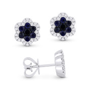 1.21ct Round Cut Sapphire Cluster & Diamond Pave Flower Stud Earrings in 18k White Gold