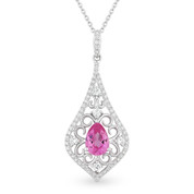 1.22ct Pear-Shaped Pink Lab-Sapphire & Diamond Edwardian-Style Pendant & Chain Necklace in 14k White Gold