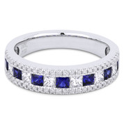 1.22ct Princess Cut Sapphire & Diamond & Round Diamond Pave Anniversary Ring / Wedding Band in 18k White Gold