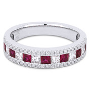 1.24ct Princess Cut Ruby & Diamond & Round Diamond Pave Anniversary Ring / Wedding Band in 18k White Gold