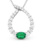 1.25ct Emerald & Diamond Water Drop Charm Journey Pendant in 18k White Gold w/ 14k Chain Necklace