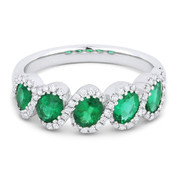 1.26ct Oval Cut Emerald & Round Diamond Halo 5-Stone Ring in 14k White Gold