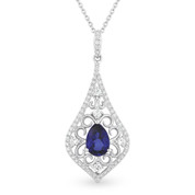 1.27ct Pear-Shaped Blue Lab-Sapphire & Diamond Edwardian-Style Pendant & Chain Necklace in 14k White Gold