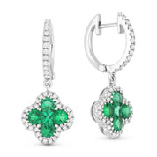 1.30ct Princess & Round Cut Emerald Cluster & Diamond Pave Dangling Earrings in 18k White Gold