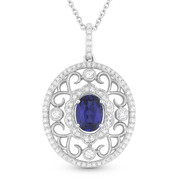 1.33ct Oval Cut Blue Lab-Sapphire & Diamond Edwardian-Style Pendant & Chain Necklace in 14k White Gold