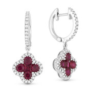 1.34ct Princess & Round Cut Ruby Cluster & Diamond Pave Dangling Earrings in 18k White Gold