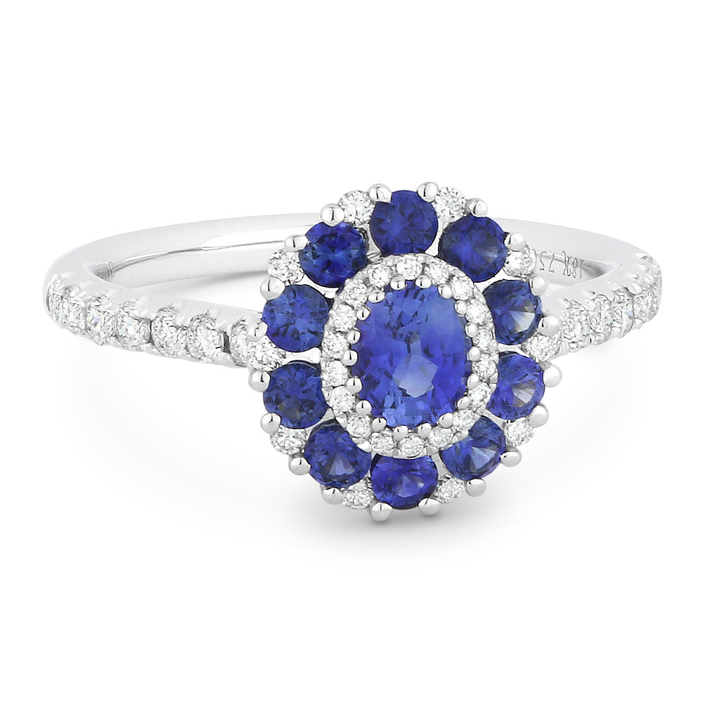 1.41ct Blue Sapphire & Diamond Pave Right-Hand Flower Ring in 18k White ...