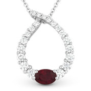 1.42ct Ruby & Diamond Water Drop Charm Journey Pendant in 18k White Gold w/ 14k Chain Necklace