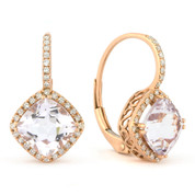 3.07ct Cushion Cut Pink Amethyst & Round Diamond Leverback Drop Earrings in 14k Rose Gold