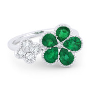 1.56ct Pear-Shaped Emerald & Round Cut Diamond Cluster Two-Flower Statement Ring in 18k White Gold