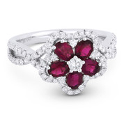 1.57ct Oval Cut Ruby & Round Brilliant Diamond Flower-Design Cocktail Ring in 18k White Gold