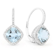 4.00ct Cushion Cut Blue Topaz & Round Diamond Leverback Drop Earrings in 14k White Gold