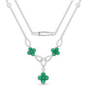1.61ct Round Brilliant Cut Emerald Cluster & Diamond Pave Flower Charm Statement Necklace in 18k White Gold